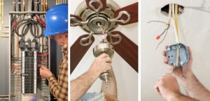 image of electrician, ceiling fan, and wiring box