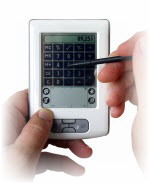 Hand holding a handheld device with a stylus, displaying a calculator interface, relevant to electrical estimates and services by Conductive Electrical Contracting.