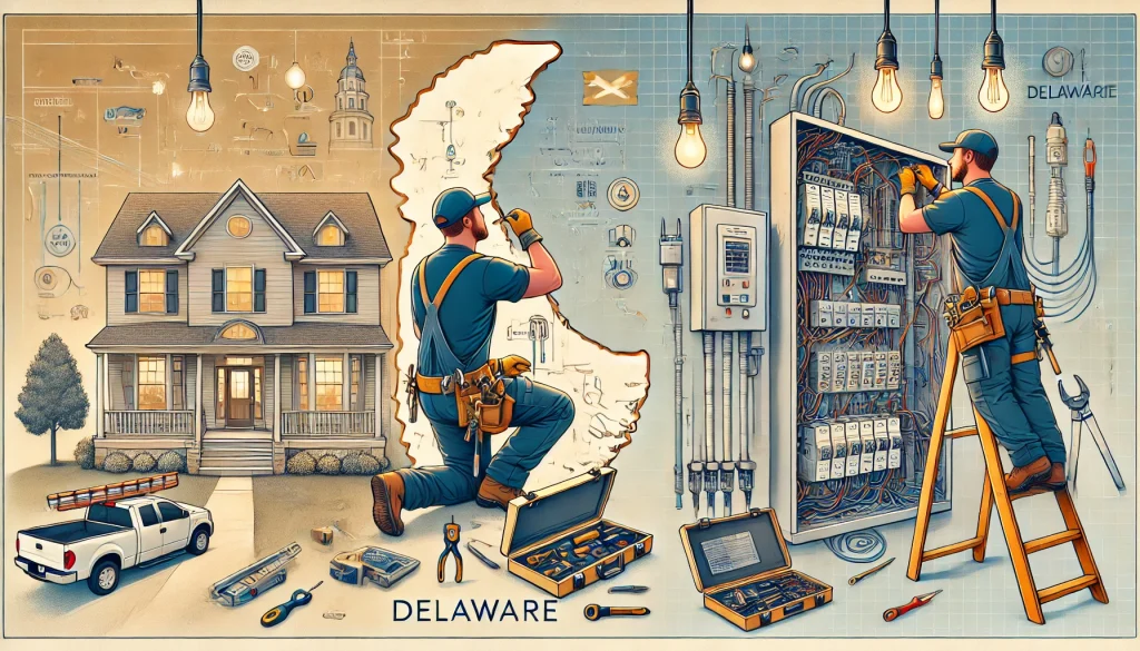 Delaware electrical contractor working on a breaker box installation, with a residential home and tools in the background, emphasizing electrical services for homes and businesses.