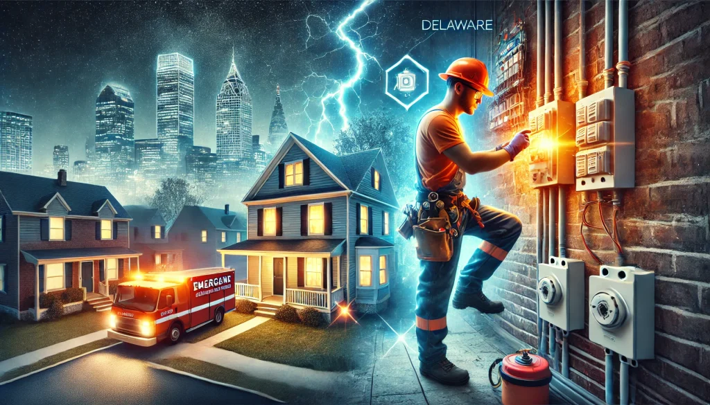 Your Guide to Emergency Electrical Services in Delaware 3 Electrician working on electrical panel during storm in Delaware, emergency vehicle parked outside residential homes, city skyline in background.