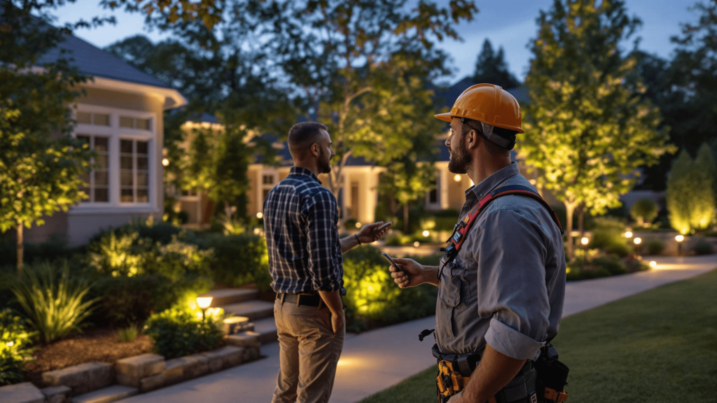 Delaware Residents & Businesses Can Enhance Outdoor Environment with Quality Landscape Lighting 3 Two men discussing outdoor lighting solutions in a beautifully illuminated Delaware landscape, showcasing enhanced visual appeal and safety features of landscape lighting.