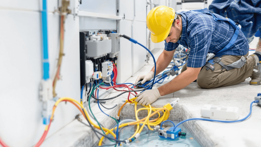 Comprehensive Electrical Solutions for Aquatic Installations 3 Electrician working on pool electrical systems, installing wiring and connections, ensuring safety and compliance for aquatic installations in Delaware.