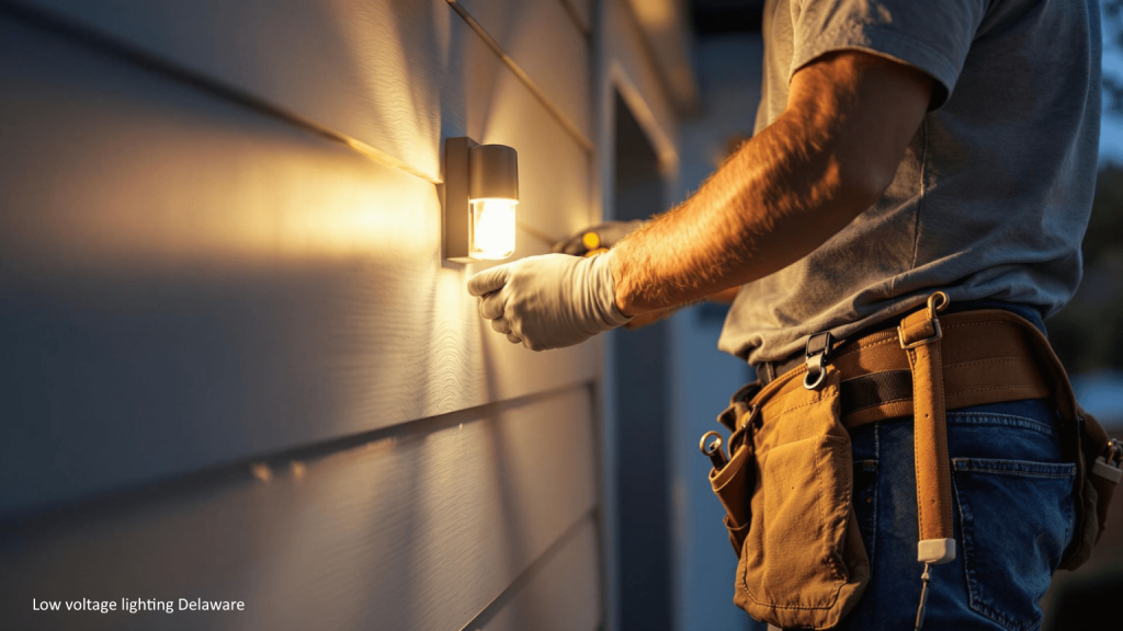Electrician installing low voltage lighting fixture on exterior wall, enhancing outdoor safety and ambiance in Delaware.