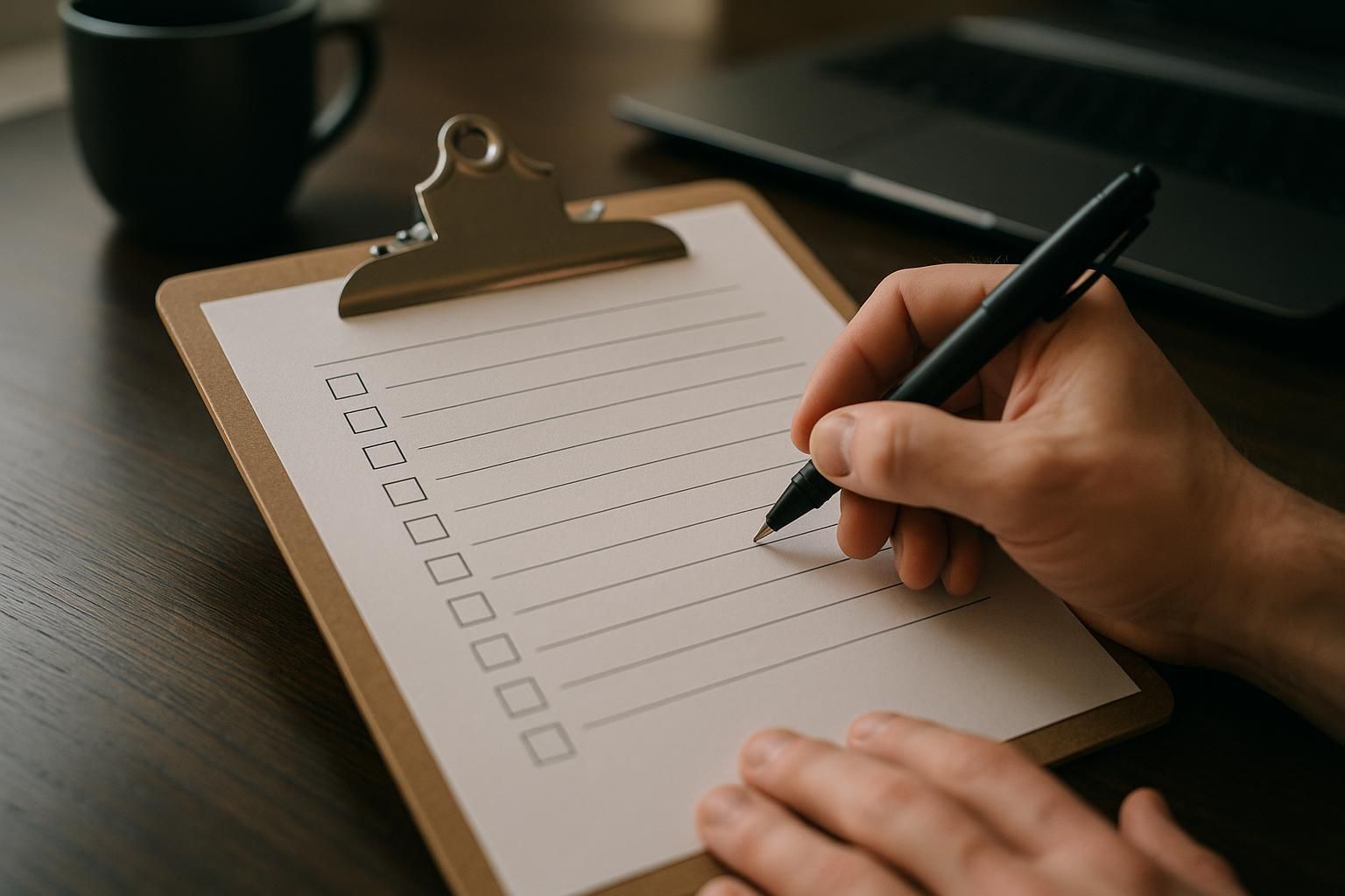 Person holding an electrical home safety inspection checklist beside a circuit breaker panel with colored indicator lights