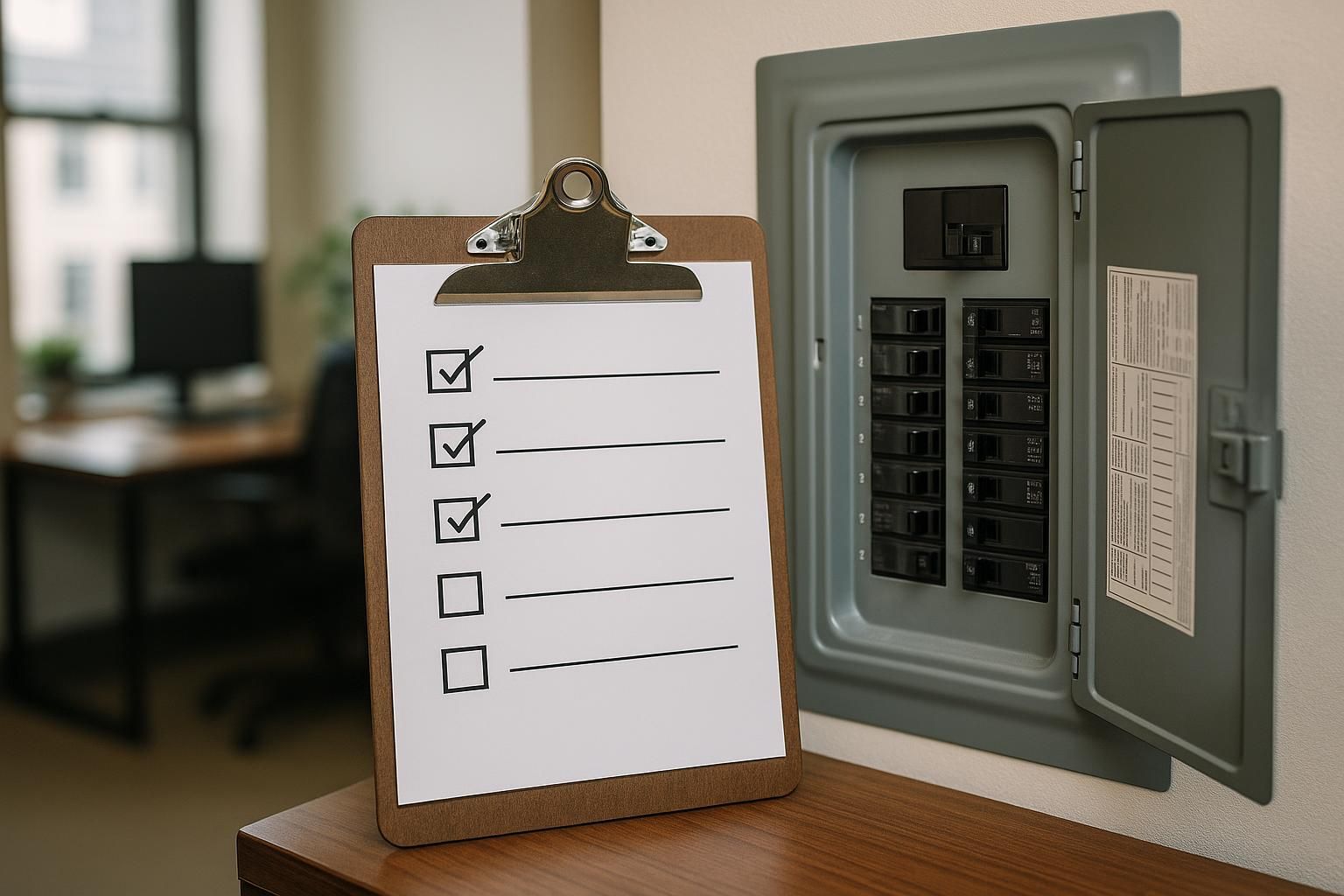 Technician examining an open breaker box using an electrical panel safety inspection checklist on clipboard with multimeter