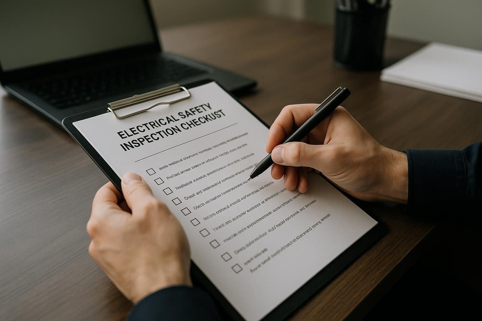 How to Use Electrical Safety Inspection Checklist Pdf 1 Tablet displays electrical safety inspection checklist PDF overlaid on open circuit panel, with gloved hand and safety gear