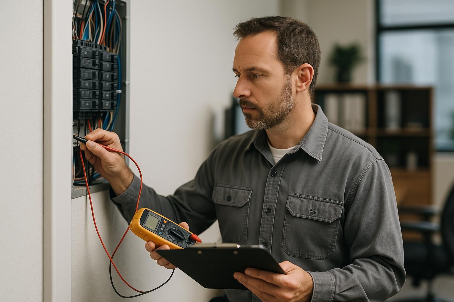 Electrician with hard hat and multimeter examining a circuit breaker panel for electrical safety inspection services