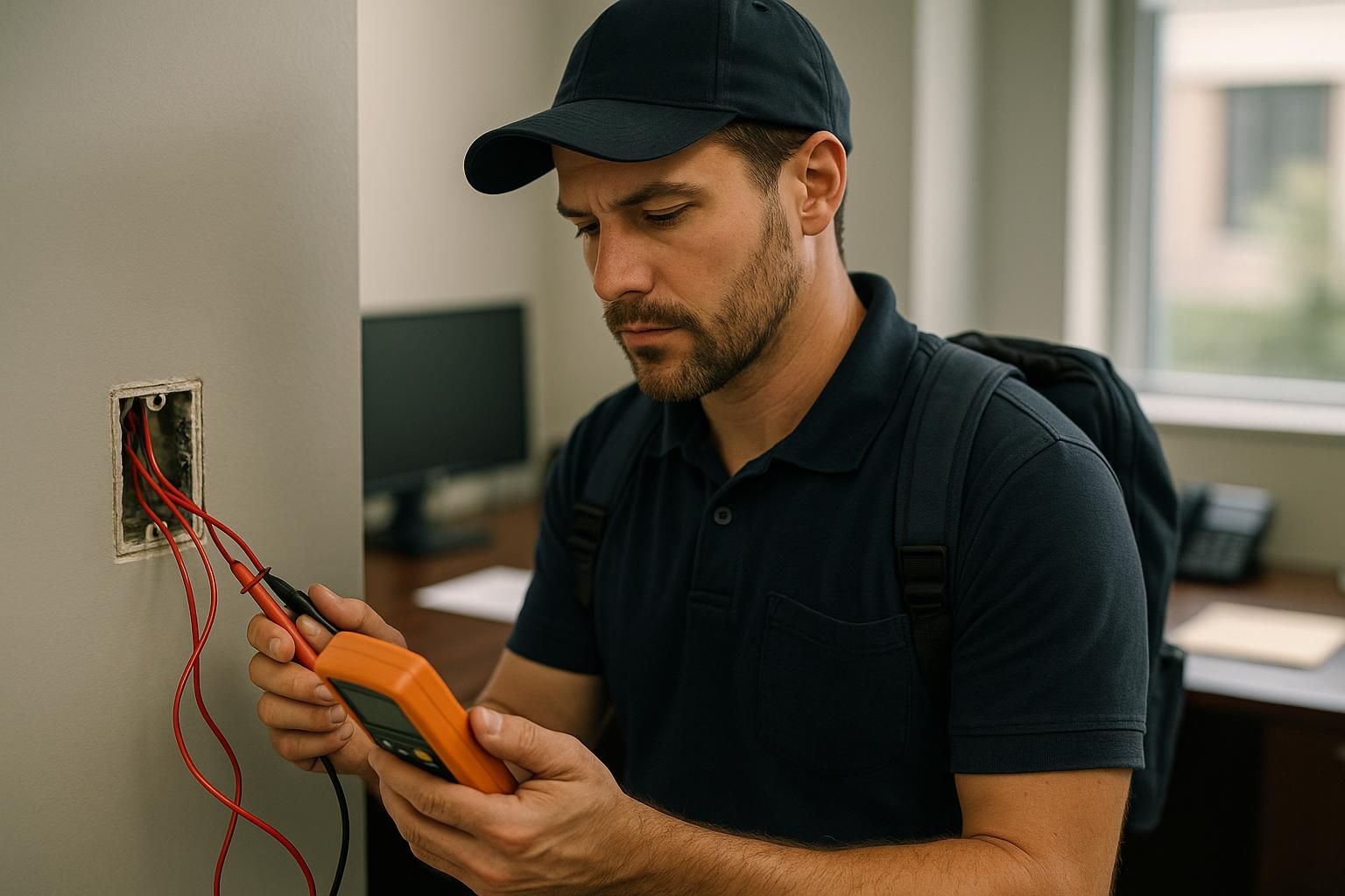 Electrician in reflective gear repairing power lines at night under floodlights for emergency electrical services 24/7