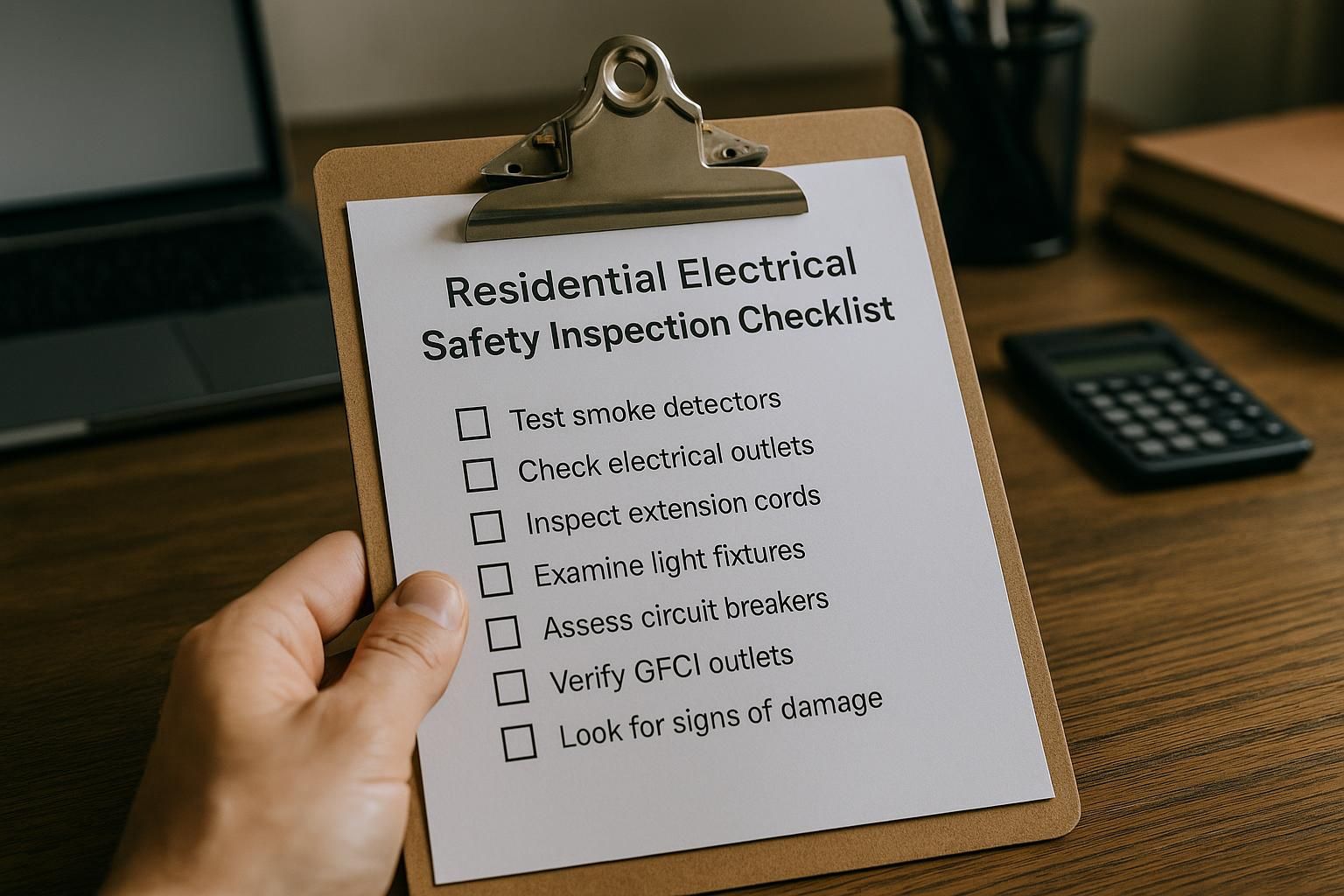 Home inspector reviewing a residential electrical safety inspection checklist on clipboard near circuit breaker panel