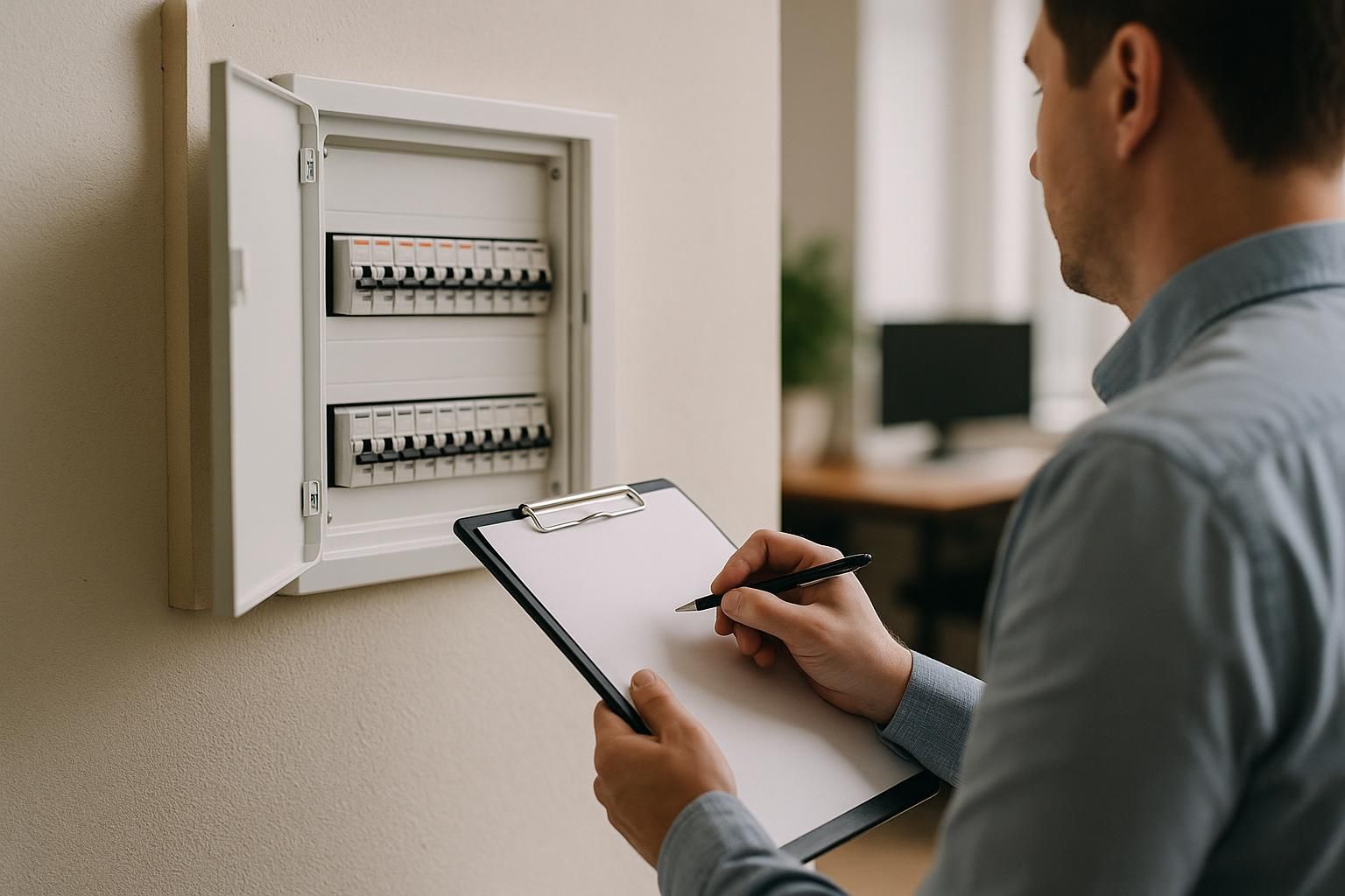 Electrician inspecting electrical distribution board safety checklist beside open breaker panel with labeled switches