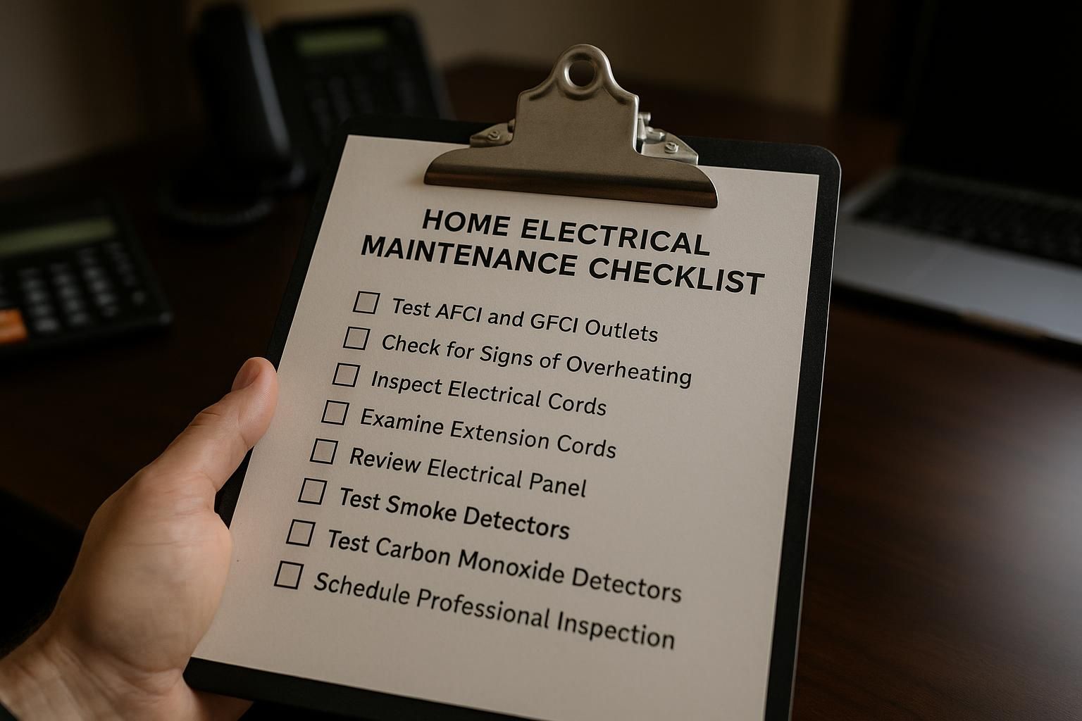 Clipboard showing home electrical maintenance checklist with breaker panel, outlet symbols and wiring icons on wooden table