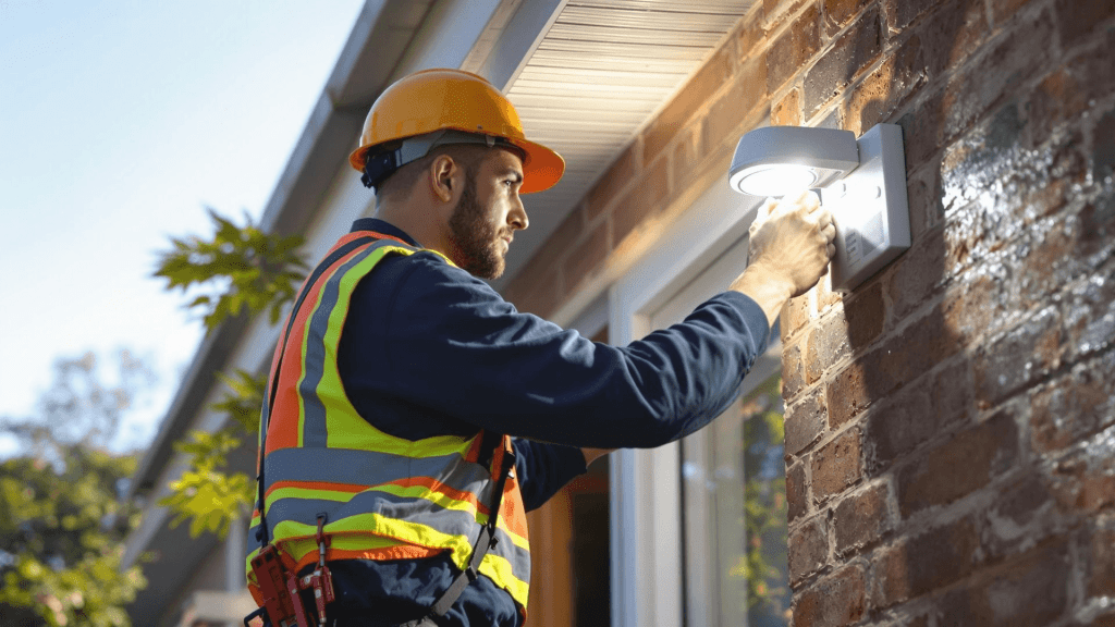 Enhancing Safety and Security with Lighting Solutions in Delaware from Conductive Electrical Contracting 1 electrician installing security lighting