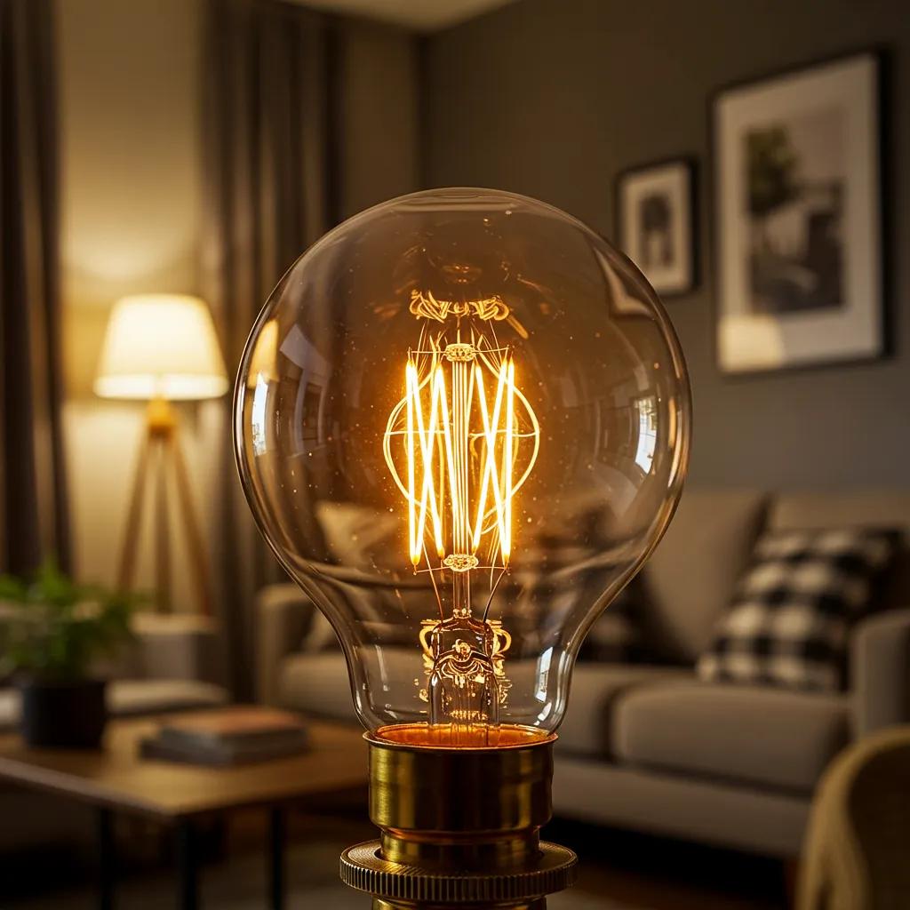 Close-up of a flickering light bulb in a cozy living room, illustrating common causes of flickering lights