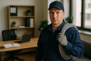 Electrician wearing reflective gear repairs a home breaker panel by flashlight at night, best emergency electricians near me