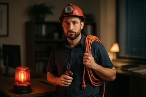 Electrical technician fixing power lines under dark sky with flashing lights, depicting 24 hour emergency electrical services