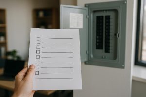 Electrician in hard hat checks circuit breakers on open panel board with electrical panel board safety inspection checklist