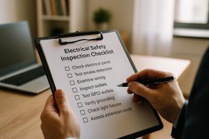 Electrician holds electrical safety inspection checklist home while testing a living room outlet with a voltage tester