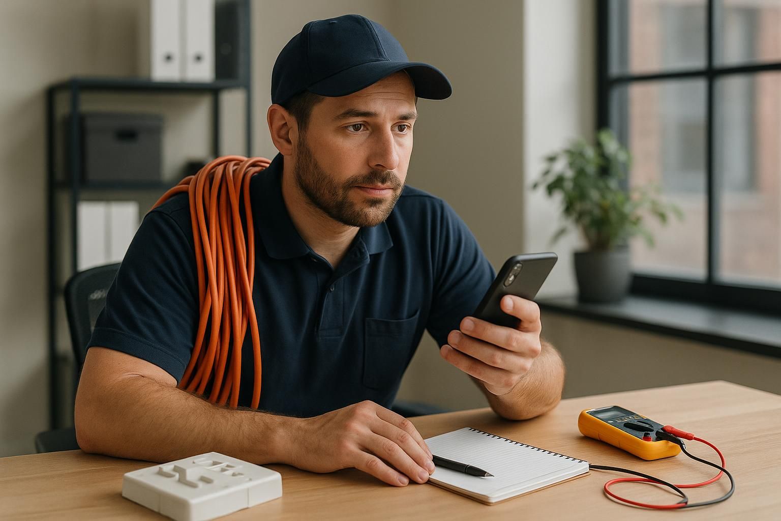 Smiling electrician in uniform testing a living room outlet with a multimeter, illustrating electrician near me home service.