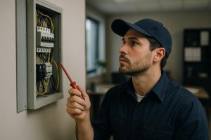 Emergency electrician in reflective gear using tester on breaker panel at night, emergency electrical services 24 7