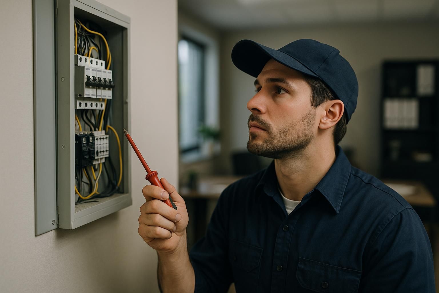 Emergency electrician in reflective gear using tester on breaker panel at night, emergency electrical services 24 7