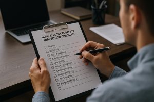 Home electrical safety inspection checklist on clipboard held by homeowner wearing gloves by outlets