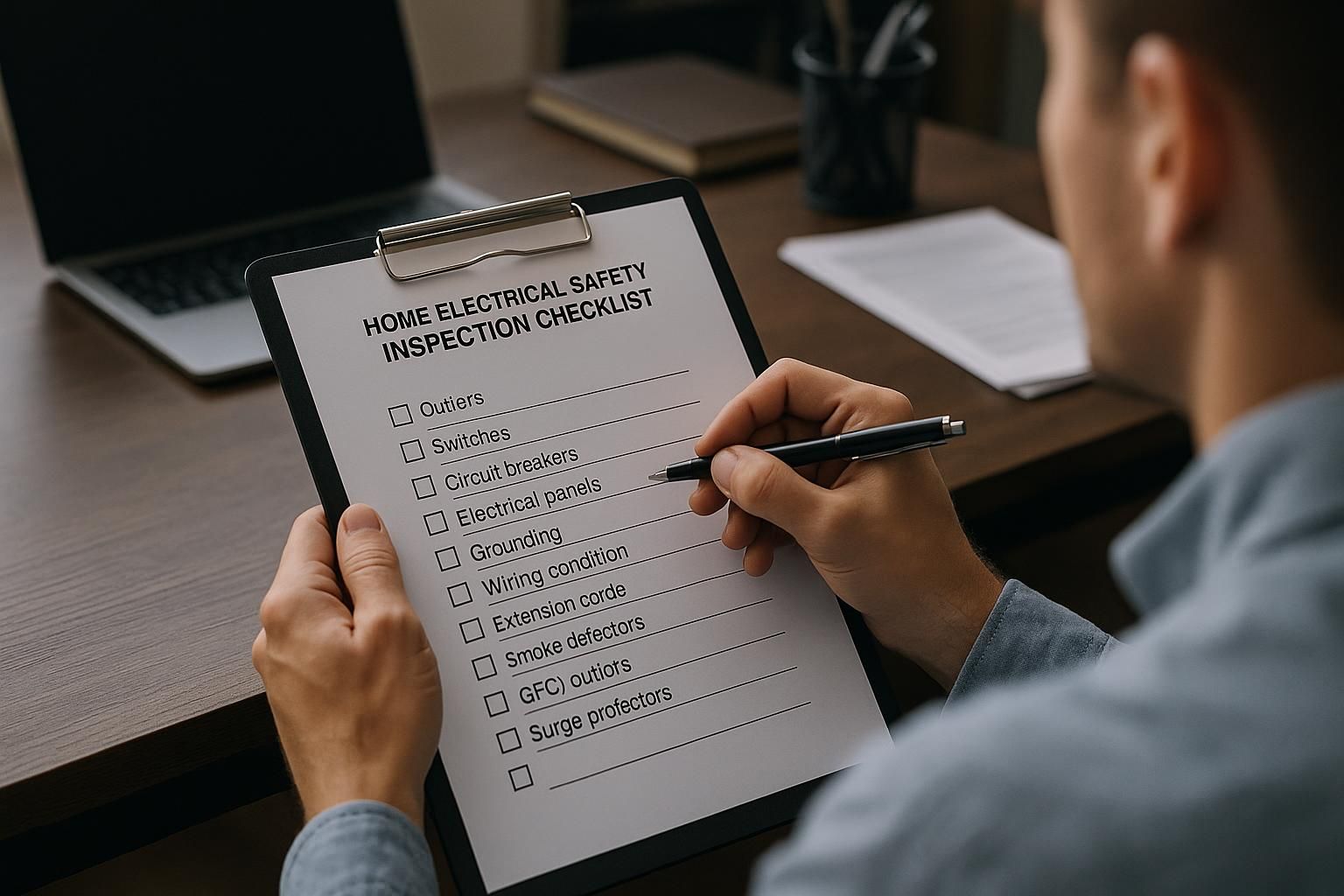 Home electrical safety inspection checklist on clipboard held by homeowner wearing gloves by outlets