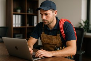 Electrician in blue uniform fixing home wiring in a bright kitchen, showcasing best residential electricians near me