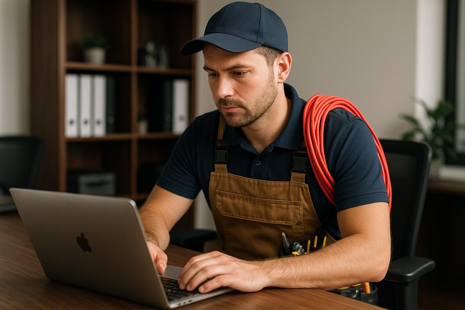 How to Find the Best Residential Electricians Near Me 1 Electrician in blue uniform fixing home wiring in a bright kitchen, showcasing best residential electricians near me