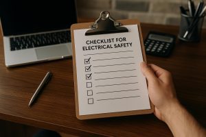 Hands checking off a checklist for electrical safety on a clipboard beside power tools and a circuit breaker