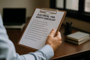 Technician with multimeter reviewing electrical fire safety checklist clipboard next to fire extinguisher and wiring panel