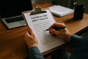 Clipboard with an electrical home safety checklist rests on a coffee table beside plugs, circuit breakers and exposed wires
