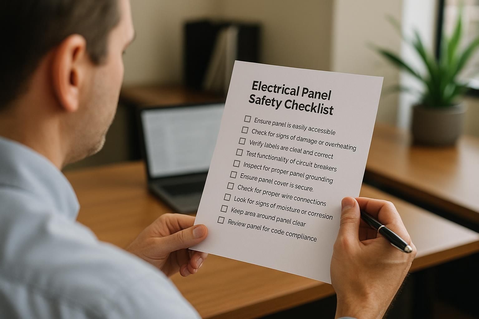 Worker in gloves and helmet inspects lit breaker box while ticking off an electrical panel safety checklist on a clipboard