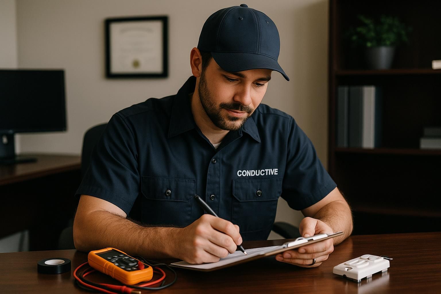 Electrician in blue uniform working on a circuit breaker in a bright living room, showcasing electrical residential services