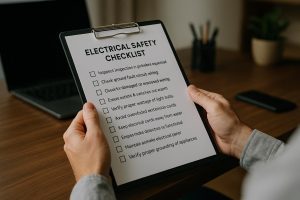 Technician holding electrical safety checklist pdf on tablet with highlighted items and power tools in the background