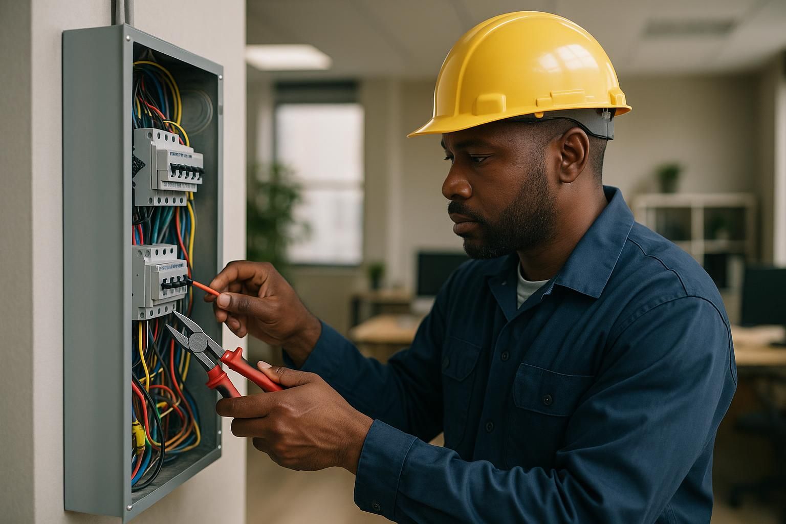 How to Find Reliable Home Electrical Repair Services 1 Electrician in protective gear repairing a home circuit breaker with tools, representing home electrical repair services