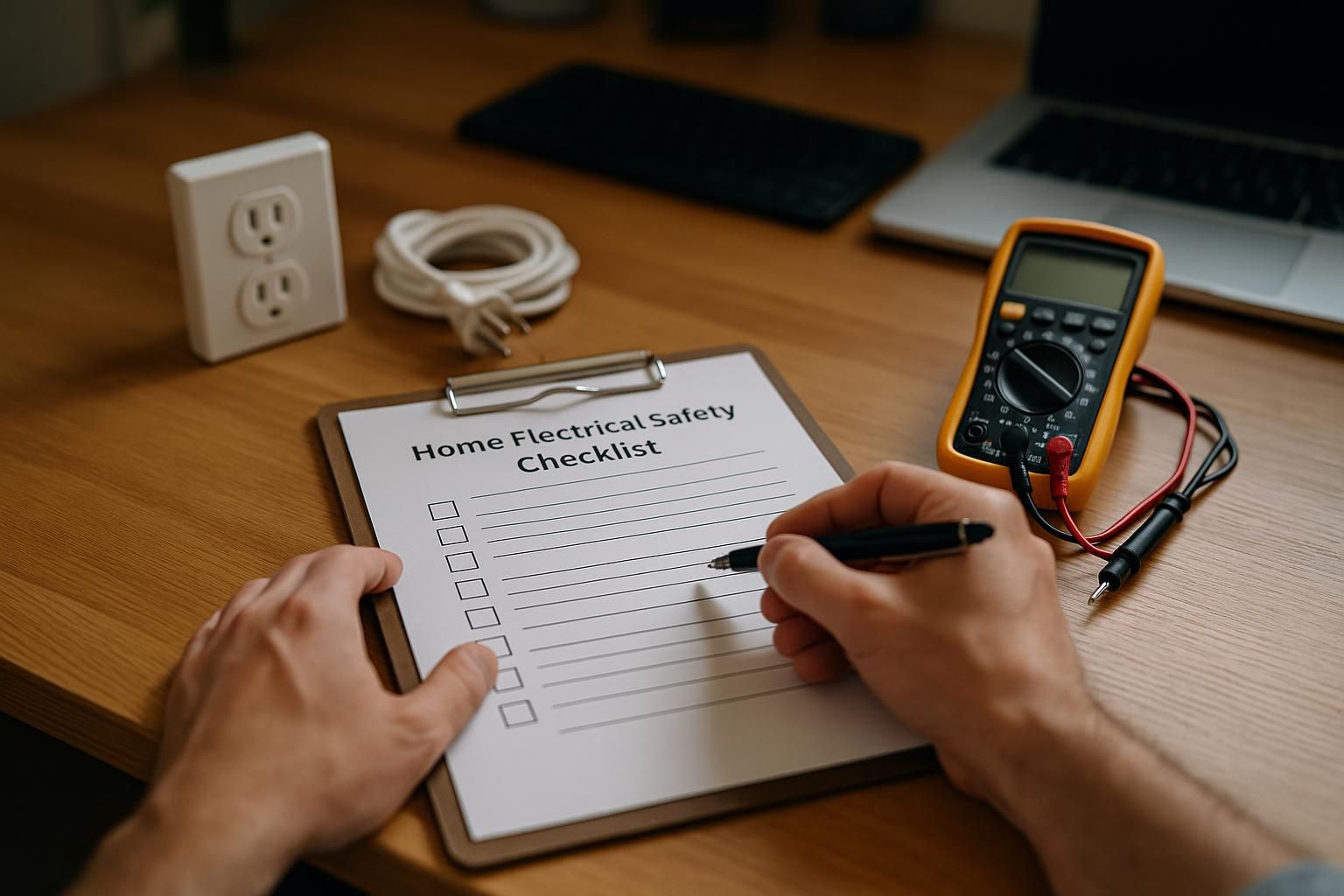 Family using a tablet to review home electrical safety checklist beside organized fuse box and well-lit living room