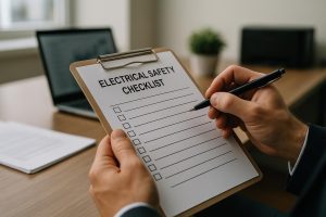Employee reviewing an office electrical safety checklist on clipboard beside power strip, lamp and organized cables on desk