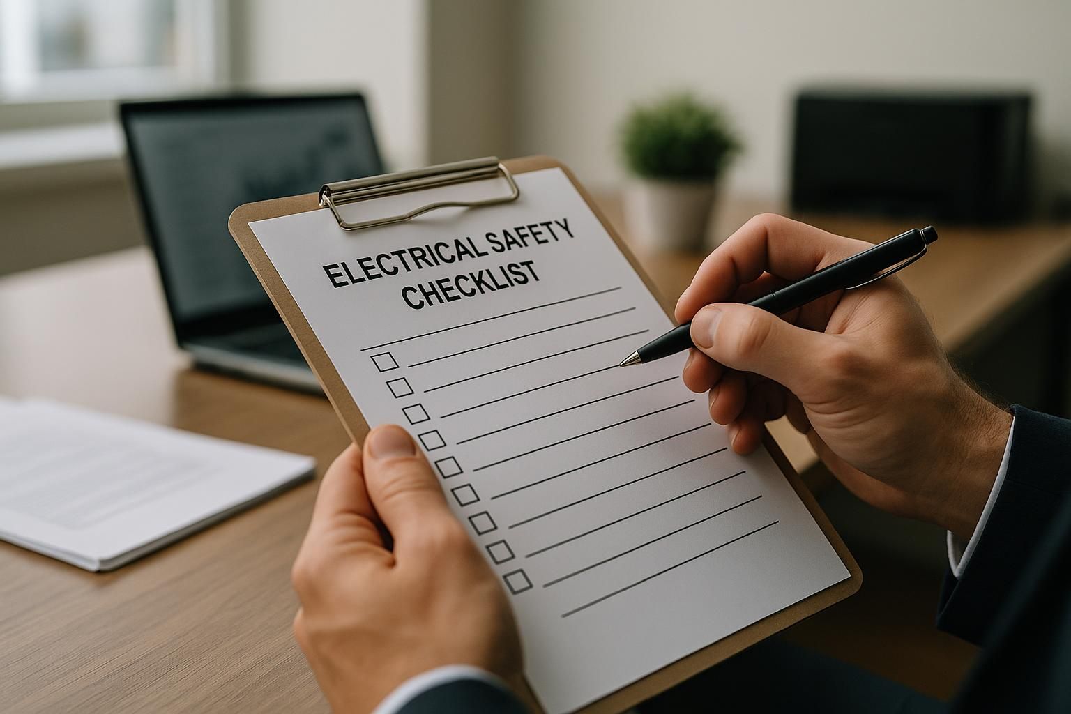 Employee reviewing an office electrical safety checklist on clipboard beside power strip, lamp and organized cables on desk