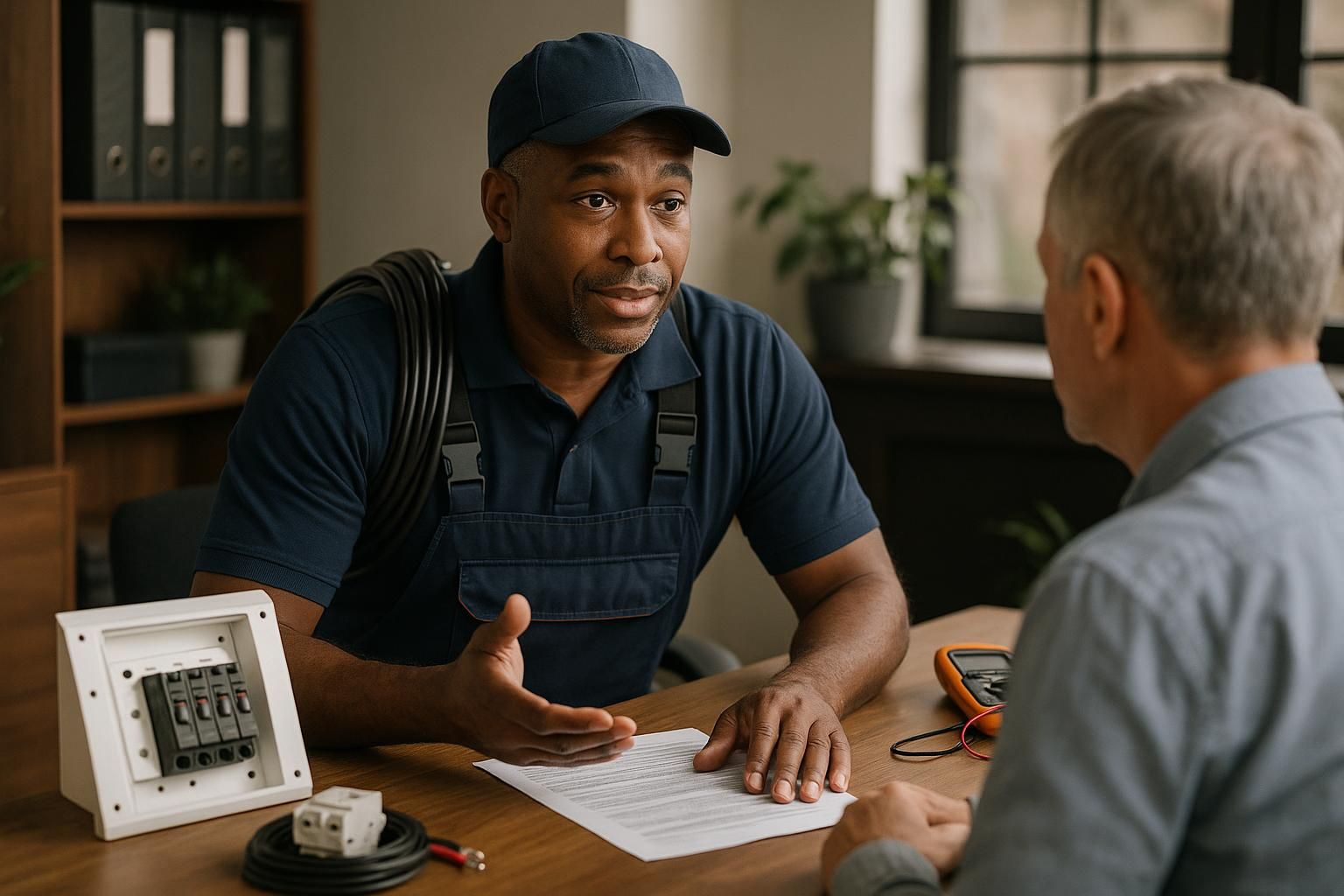 How to Find Affordable Residential Electrician Services 1 Home interior with an electrician installing light fixtures in a living room, showcasing residential electrician services.