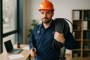 A friendly electrician in uniform with tool belt inspects modern home electrical panel, service electrician near me
