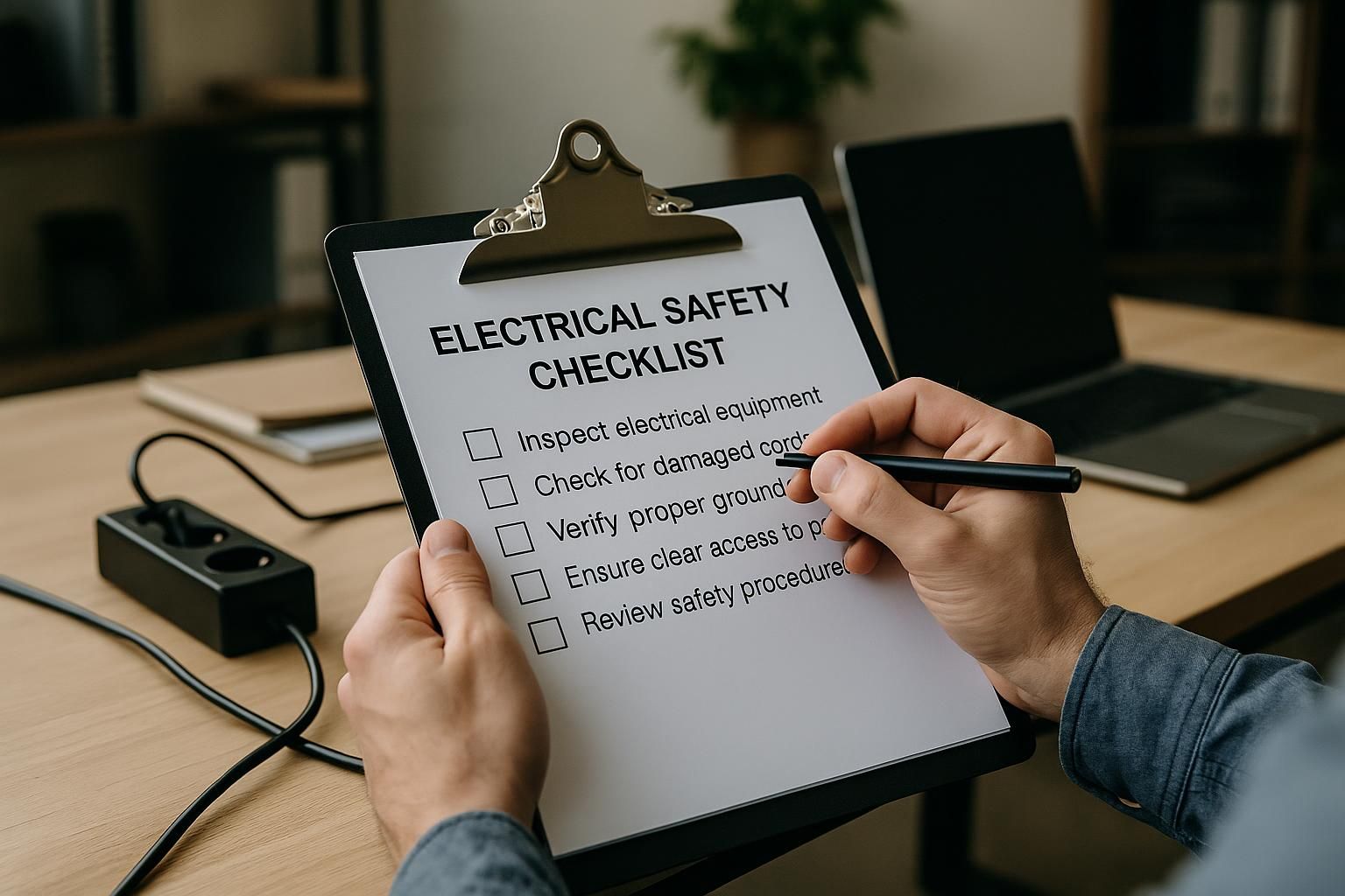 Worker in hard hat and gloves ticks items on a workplace electrical safety checklist while inspecting a control panel.
