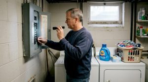 Homeowner checking breaker panel for surges