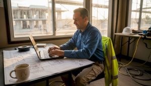 Project manager reviewing wiring plans onsite