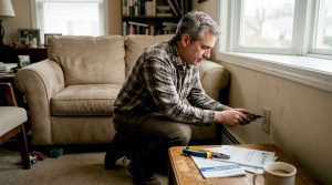 Homeowner checking wiring in Delaware living room