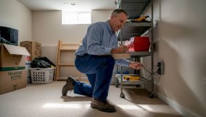 Electrician inspecting wiring in Delaware home