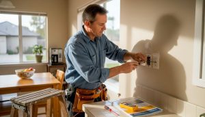 Electrician repairing light switch in home kitchen