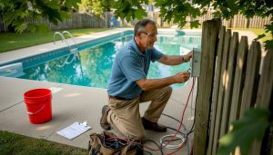 Electrician inspects outdoor pool wiring installation