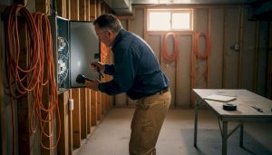 Electrician inspecting home electrical panel in basement