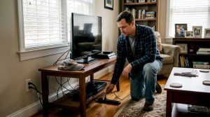Homeowner installing surge protector in Delaware living room