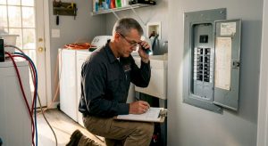 Electrician inspecting home electrical panel